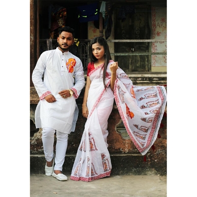 Picture of white color Half Silk Saree and Dupaiyan Panjabi couple Dress for Men and women - Blue