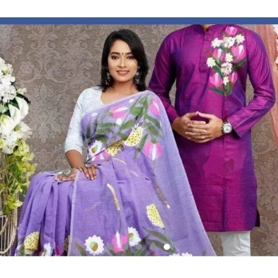 Picture of Purple Hand Print Half Silk Saree and Dupaiyan Panjabi couple Dress for Men and women