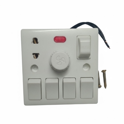 Picture of 5 In 1 AC 250V 4 Pcs Gang Switch + Fan Dimmer Regulator + 2 Pin Socket and LED Indicator With Fuse Wall Gang Switch With 1 Gang Back Box White