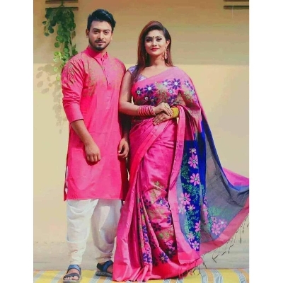 Picture of Red Multicolor Hand Print Half Silk Saree and Dupaiyan Panjabi couple Dress for Men and women