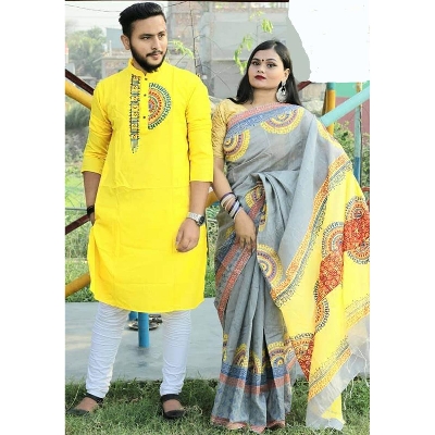 Picture of Yellow Hand Print Half Silk Saree and Dupaiyan Panjabi couple Dress for Men and women