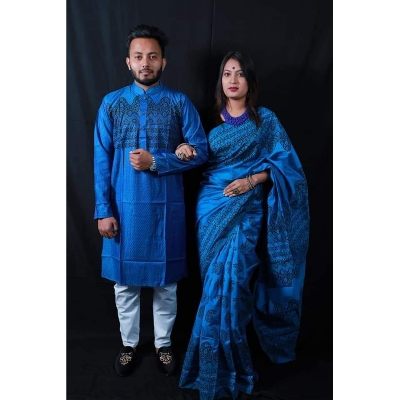 Picture of Blue Block Print Half Silk Saree and Dupaiyan Panjabi couple Dress for Men and women