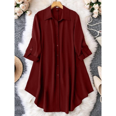 Picture of Maroon Cherry Chic - Ladies Western Fashion Maroon Color Long Shirt Kapor Cherry Georgette Style Kurti Dress for Girls/Women | A Fusion of Elegance - White