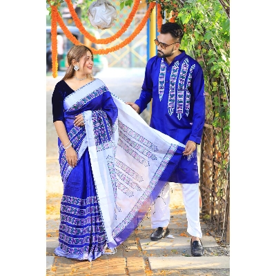 Picture of Blue Color Block Print Dhupion Saree and Dupaiyan Panjabi couple Dress for Men and women