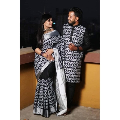 Picture of Black Hand Print Half Silk Saree and Dupaiyan Panjabi couple Dress for Men and women
