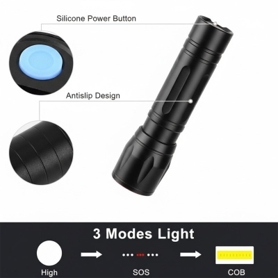 Picture of USB Rechargeable Handheld Portable Torch Light Flashlight COB LED Torch Light for Home and Outdoor Mini Torch Light Zoomable Torch Light White