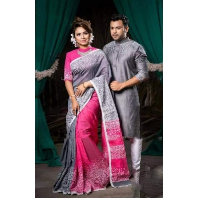 Picture of Red and Ash Color Block Print Half Silk Saree and Dupaiyan Panjabi couple Dress for Men and women