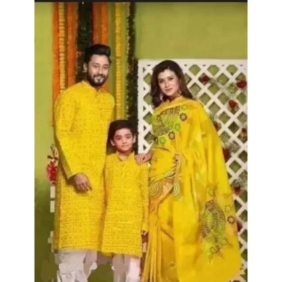 Picture of Orange Color Hand Print Half Silk Saree and Dupaiyan Panjabi couple Dress for Men and women