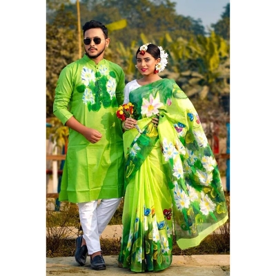 Picture of Yellow Green Hand Print Half Silk Saree and Dupaiyan Panjabi couple Dress for Men and women