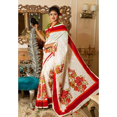 Picture of Hand Print Saree Cream Color Collection Fashionable Stylish and Comfortable, Half Silk Saree For Women