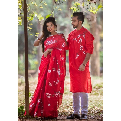 Picture of Half Silk Saree and Dupaiyan Panjabi couple Dress for Men and Women