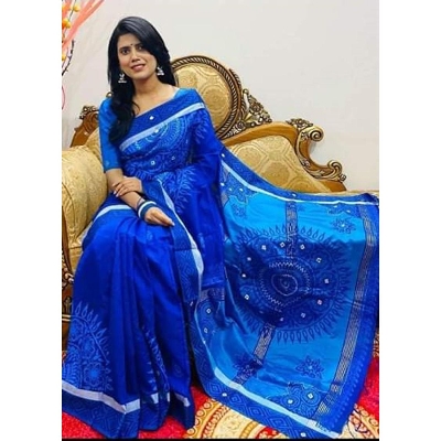 Picture of Block Print Blue Saree New Collection Fashionable Stylish and Comfortable, Half Silk Saree For Women