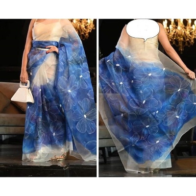 Picture of Hand Print Saree Blue Color Collection Fashionable Stylish and Comfortable, Half Silk Saree For Women