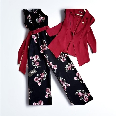 Picture of Western Fashion Double Georgette Stitched Blazer and Print Jumpsuit for Women Kurti Style, Full Sleeve, Free Size, Partywear - Light Ash