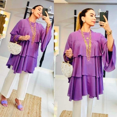 Picture of Western Fashion Ladis Stitched Gold Freal Tops and white Pant Double Georgette  style Kurti  dress for women - Pink