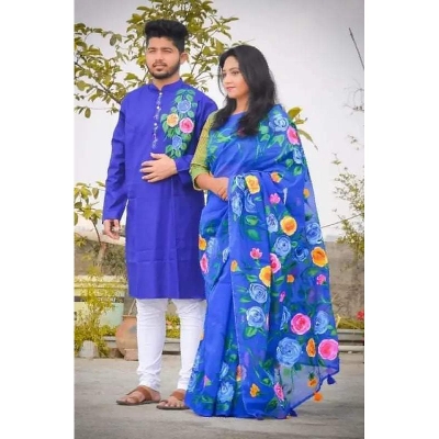 Picture of Blue Hand Print Half Silk Saree and Dupaiyan Panjabi couple Dress for Men and women