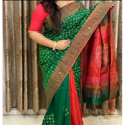 Picture of Block Print Green Saree New Collection Fashionable Stylish and Comfortable, Half Silk Saree For Women