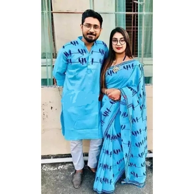 Picture of Sky Blue Hand Print Half Silk Saree and Dupaiyan Panjabi couple Dress for Men and women