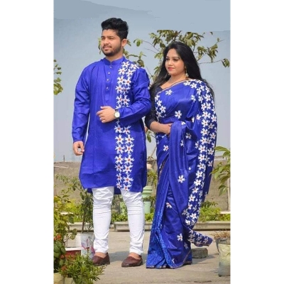 Picture of Blue Hand Print Half Silk Saree and Dupaiyan Panjabi couple Dress for Men and women