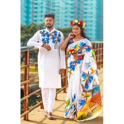 Picture of White Hand Print Half Silk Saree and Dupaiyan Panjabi couple Dress for Men and women