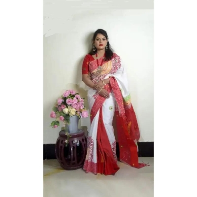 Picture of Block Print Red and White Saree New Collection Fashionable Stylish and Comfortable, Half Silk Saree For Women