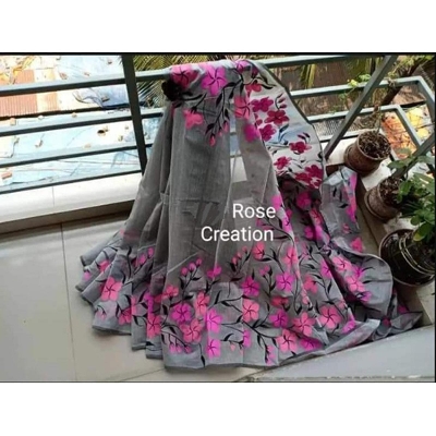 Picture of Hand Print New Excellent Collection Sarees, Fashionable, Stylish and Comfortable, Half Silk Saree For Wom - Antique White