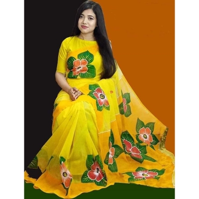 Picture of Hand Print Saree Yellow Color Collection Fashionable Stylish and Comfortable, Half Silk Saree For Women