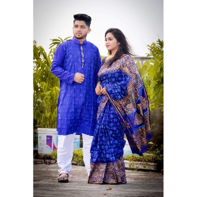 Picture of Blue Color Block Print Dhupion Saree and Dupaiyan Panjabi couple Dress for Men and women