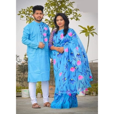 Picture of Blue Hand Print Half Silk Saree and Dupaiyan Panjabi couple Dress for Men and women