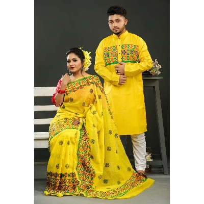Picture of Yellow Color Block Print Dhupion Saree and Dupaiyan Panjabi couple Dress for Men and women