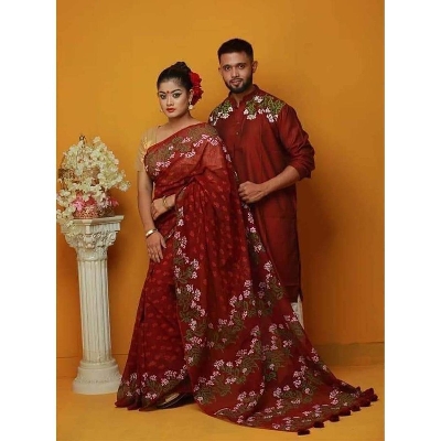 Picture of Maroon Color Block Print Half Silk Saree and Dupaiyan Panjabi couple Dress for Men and women