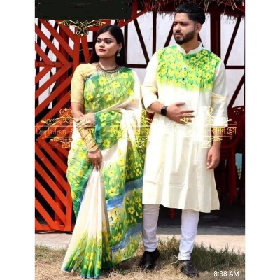 Picture of Basonti Color Hand Print Half Silk Saree and Dupaiyan Panjabi couple Dress for Men and women