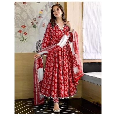 Picture of Readymade Stylish Ladies Dilruba Gown Set Arbit Fabric ambush print Maroon color Kurti for women - Red