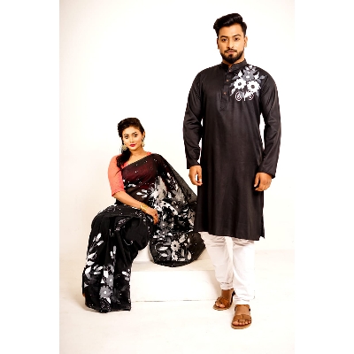 Picture of Black Hand Print Half Silk Saree and Dupaiyan Panjabi couple Dress for Men and women