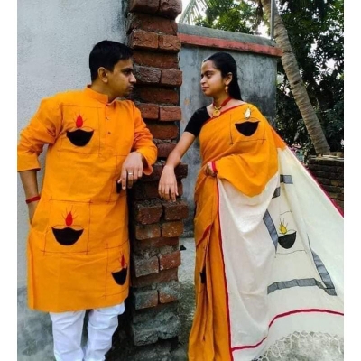 Picture of Orange Hand Print Half Silk Saree and Dupaiyan Panjabi couple Dress for Men and women