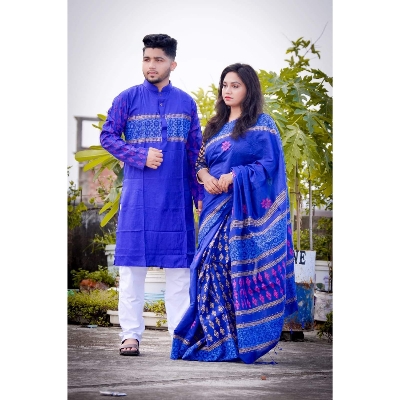 Picture of Blue Color Block Print Dhupion Saree and Dupaiyan Panjabi couple Dress for Men and women