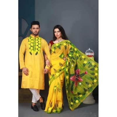Picture of Yellow Color Hand Print Half Silk Saree and Dupaiyan Panjabi couple Dress for Men and women - White