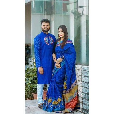 Picture of Blue Color Half Silk Saree and Dupaiyan Panjabi couple Dress for Men and women - White