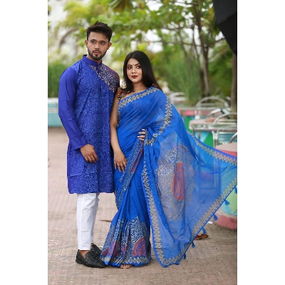 Picture of Blue color Block Print Half Silk Saree and Dupaiyan Panjabi couple Dress for Men and women