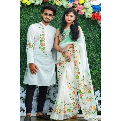 Picture of White Hand Print Half Silk Saree and Dupaiyan Panjabi couple Dress for Men and women