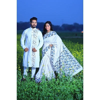 Picture of White Color Block Print Dhupion Saree and Dupaiyan Panjabi couple Dress for Men and women