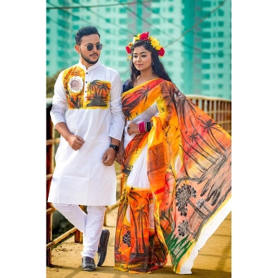 Picture of Multicolor Hand Print Half Silk Saree and Dupaiyan Panjabi couple Dress for Men and women - Blue