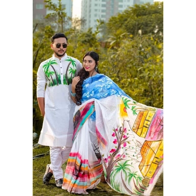 Picture of White Hand Print Half Silk Saree and Dupaiyan Panjabi couple Dress for Men and women