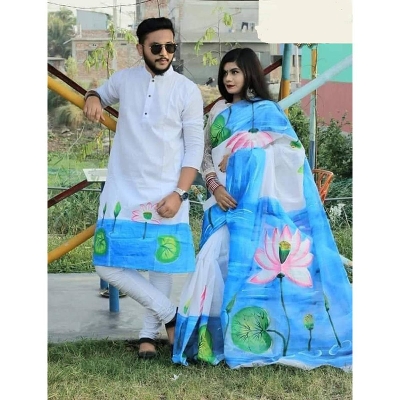 Picture of White and Blue Hand Print Half Silk Saree and Dupaiyan Panjabi couple Dress for Men and women