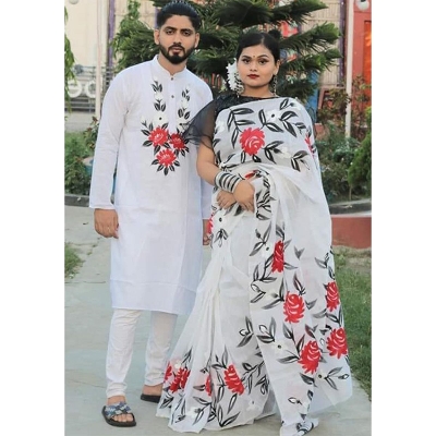 Picture of White Hand Print Half Silk Saree and Dupaiyan Panjabi couple Dress for Men and women