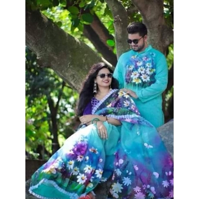 Picture of Blue Hand Print Half Silk Saree and Dupaiyan Panjabi couple Dress for Men and women