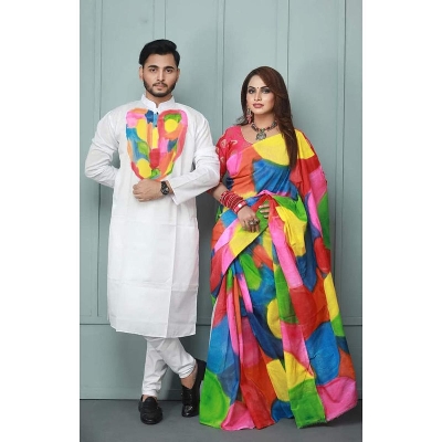 Picture of Rainbow Color Hand Print Half Silk Saree and Dupaiyan Panjabi couple Dress for Men and women - White