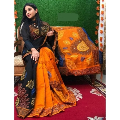 Picture of Block Print Black and Orange Saree New Collection Fashionable Stylish and Comfortable, Half Silk Saree For Women