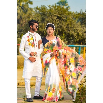 Picture of White Color Hand Print Half Silk Saree and Dupaiyan Panjabi couple Dress for Men and women