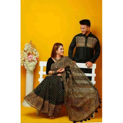 Picture of Black Block Print Half Silk Saree and Dupaiyan Panjabi couple Dress for Men and women